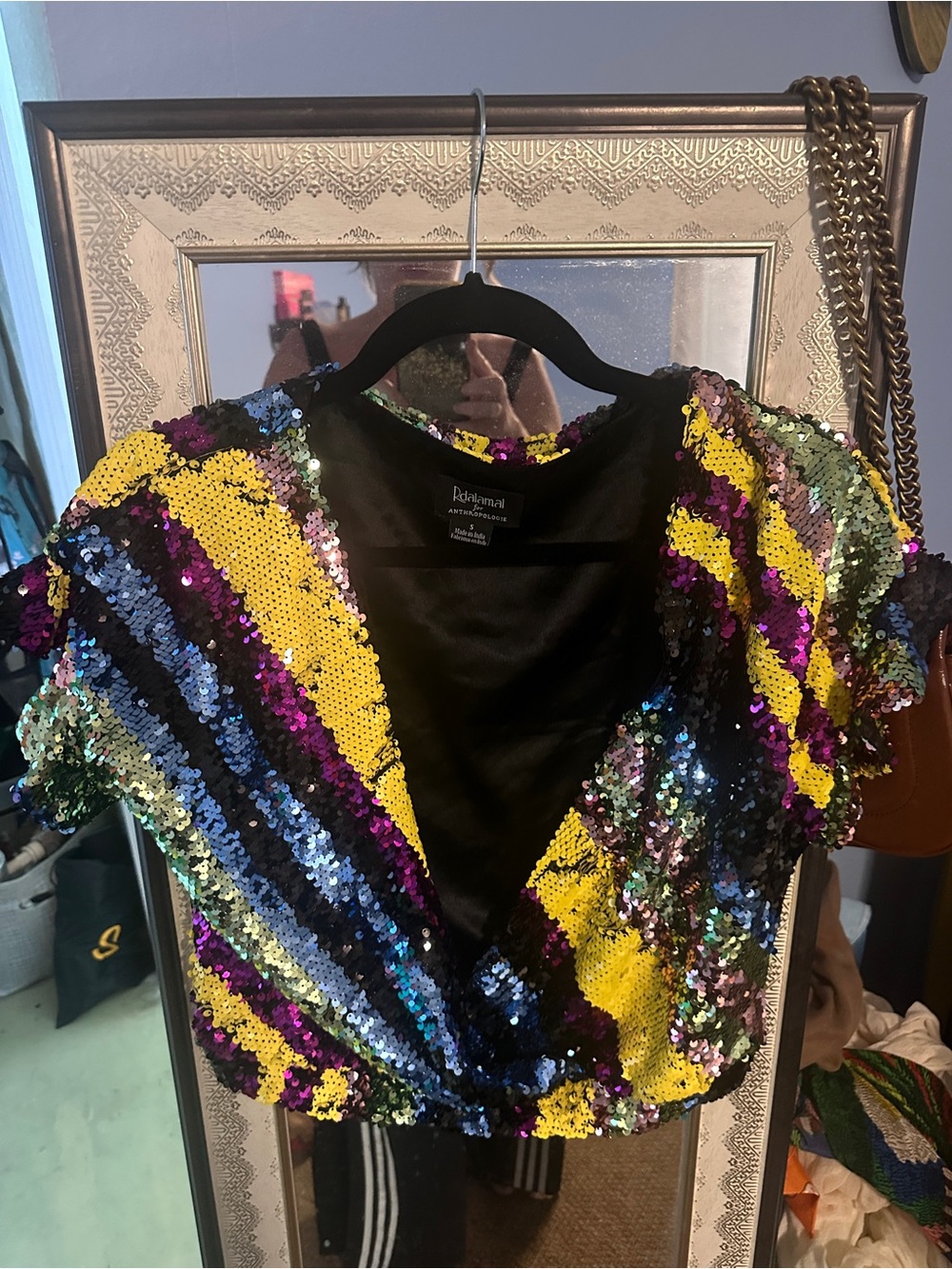 Anthropologie Multicolor Sequin V-Neck Crop Top with Yellow Accents